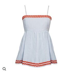 MASON'S DAUGHTER Peplum Top, Sky Blue Linen with Red Ric Rac Size M NWT